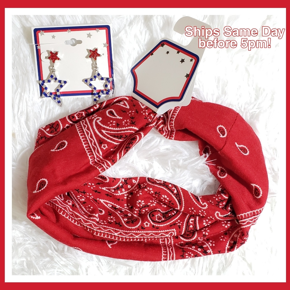 Red Bandana Headband & Bling Star earrings
